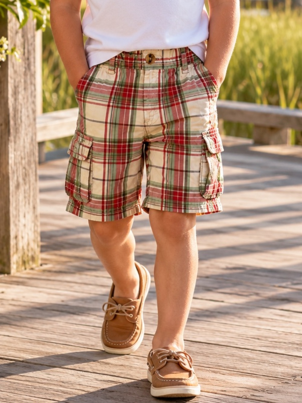 Janie and Jack World Traveler Plaid Cargo Shorts Boys 3T Sahara Red